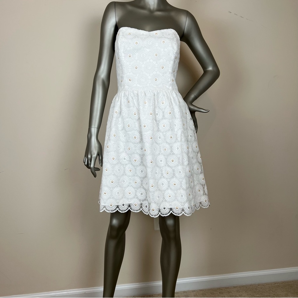 Lily Pulitzer strapless white eyelet embroidered lace mini dress w/pearls sz 8